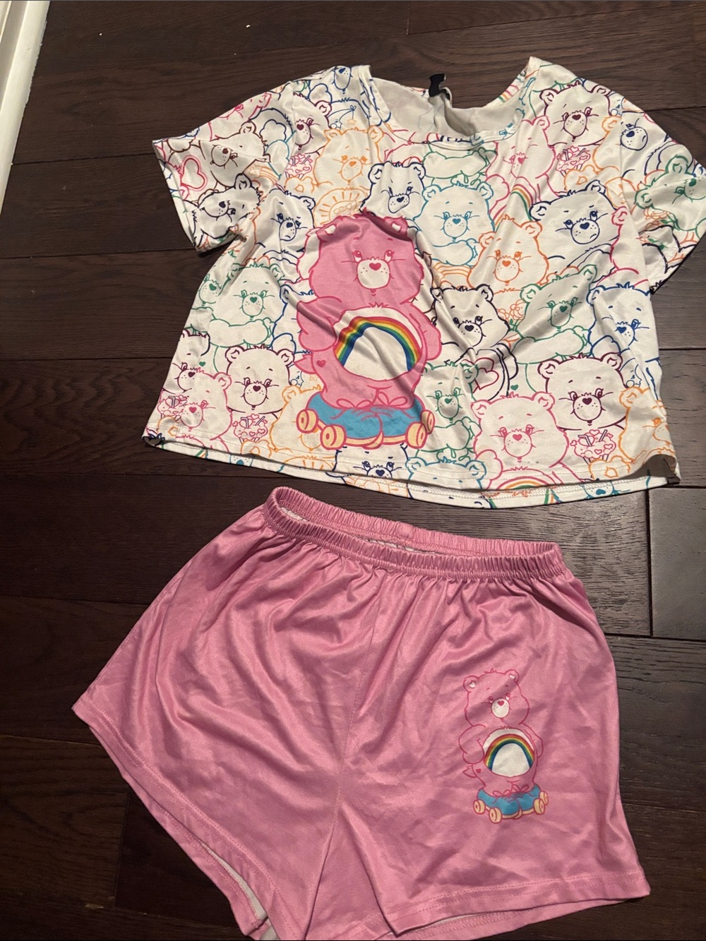 Care Bears White Rainbow Print Top with Pink Shorts Pajama Set